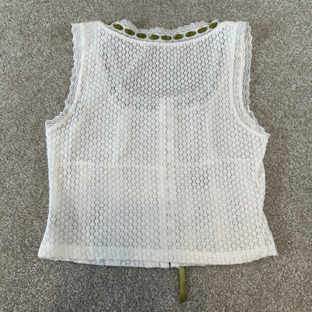 White Lace Crop Top Green Ribbon Bow Coquette Cottagecore Sleeveless Large - Picture 7 of 7